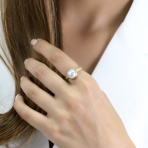 White Freshwater Pearl Ring · Gold Bezel Set Ring · June Birthstone Ring · Engagement Pearl Ring · Solid Gold Promise Proposal Ring