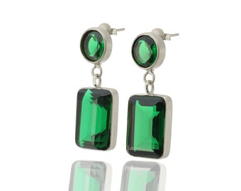 Multi-Stone Emerald Dangle Earrings · Bezel Set Statement Earrings · Matte Finish Sterling Silver Earrings · May Birthstone Bridal Earrings