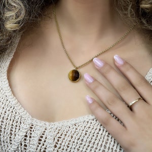 Tiger Eye Bezel Set Pendant Necklace in 18k Gold Vermeil · 16mm Round Gemstone Necklace · Fashion Jewelry Gift · Gold Chain Necklace