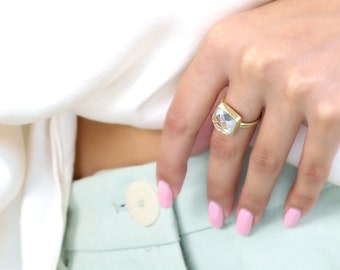 18k Gold Crystal Quartz Ring · Gemstone Handmade Ring · Gold Bezel Stackable Ring · Square Faceted Cut Ring