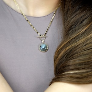 T-Clasp Labradorite Necklace · Bezel Set Toggle Pendant · Toggle Clasp Jewelry · Faceted Gemstone Necklace · Yellow Gold Gemstone Necklace