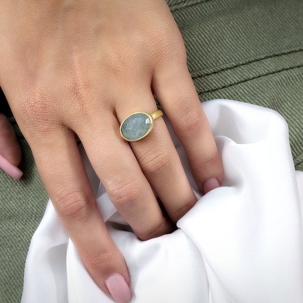Brushed Gold Aquamarine Ring · Bezel Set Oval Stacking Ring · March Birthstone Ring · Semiprecious Aquamarine Ring · Gold Rings For Women