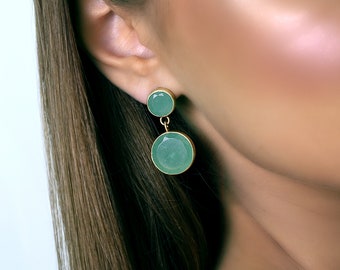 Gold Bezel Aventurine Earrings · Long Statement Earrings · Round Gemstone Earrings · Two-Part Dangle Earrings · Semiprecious Earrings