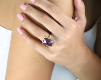 18k Bezel Set Rectangle Amethyst Ring · Purple Gemstone Gold Ring · February Birthstone Ring · 14k Statement Rectangular Ring · Women's Ring