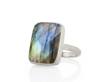 Silver Stackable Statement Ring · Big Rectangle Labradorite · 925 Silver Gemstone Ring · Natural Labradorite Statement Ring