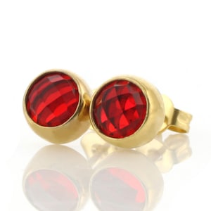 Dainty Gold Ruby Stud Earrings · Minimalist Bezel Set Earrings · 18k Bridal Gold Earrings · July Birthstone Earrings · Red Bezel Earrings