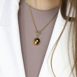 Toggle Chain Necklace · 16mm Tiger&#39;s Eye Pendant · 14k Gold Necklace · Stylish Jewelry Accessory · T-Lock Chain Necklace For Women