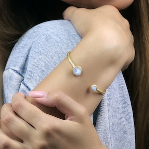 Bezel Set Rainbow Moonstone Cuff Bracelet · Multi-Stone Bracelet · Shiny Gold Open Cut · Adjustable Bracelet · June Birthstone Gift
