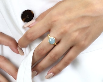 Round Bezel Aquamarine Ring in Gold · March Birthstone Ring · Handmade Faceted Gemstone Ring · Bridal & March Gift