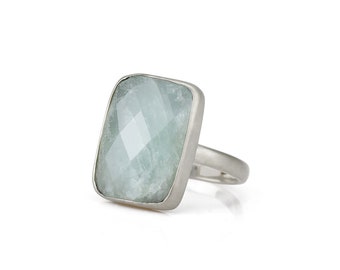 925 Sterling Silver Rectangular Aquamarine Ring · March Birthstone Ring · Women's Aqua Blue Ring · Large Stone Ring In Silver