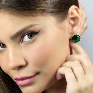 Big Round Bezel Set Emerald Earrings · Gold Stud Earrings · May Birthstone Earrings · Custom Faceted Green Earrings For Bridal