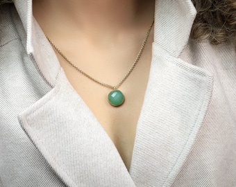 Grün Aventurin Rund Anhänger Halskette · Lange Halbedelstein Halskette · Facettierten Schliff Statement Anhänger · Perfektes Geschenk für Mama