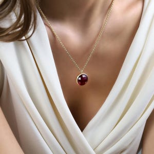 Garnet Bezel Pendant Necklace · 14k Gold January Birthstone Necklace · Bezel Set Garnet Pendant · 16mm Garnet Gold Pendant Necklace