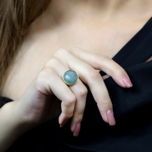 Aquamarine Round Gemstone Ring · Gold Handmade Bezel Ring · 18 Karat Gold Ring · March Birthstone Ring · Handcrafted Rings For Women