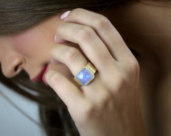 Square Cut Moonstone Ring · 10mm Thick Wide Band · Gold Statement Ring · June Birthstone Ring · Rainbow Moonstone Ring for Women