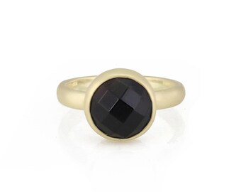 Black Onyx Round Bezel Ring · 18k Gold Vermeil Ring · 10mm Faceted Ring · Single Band Gold Ring · Stackable Black and Gold Ring