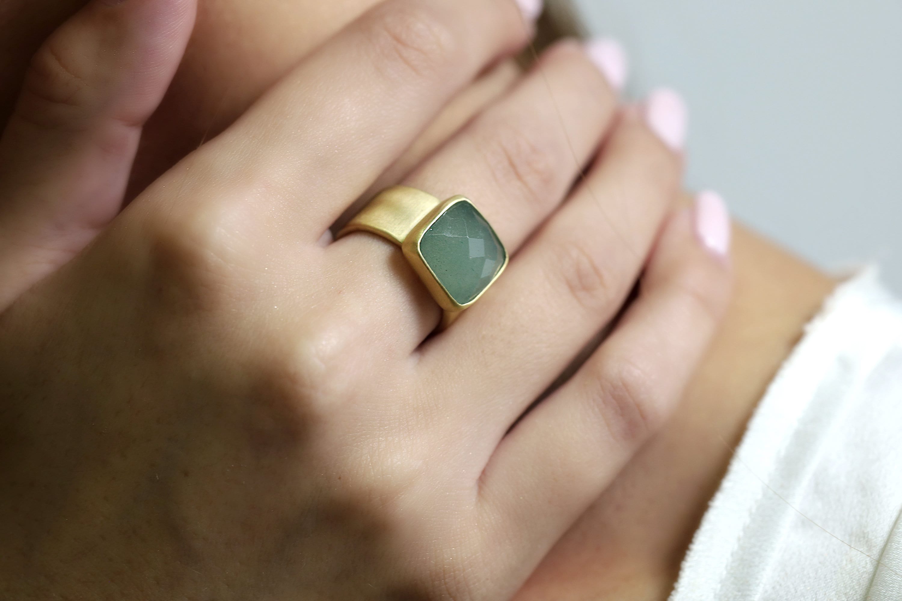 Thick Band Green Aventurine Ring · Square Bezel Set Gold