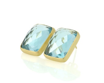 Blue Topaz Stud Bezel Earrings · Gold Rectangle Earrings · Statement Rectangle Stud Earrings · November Birthstone Earrings for Women