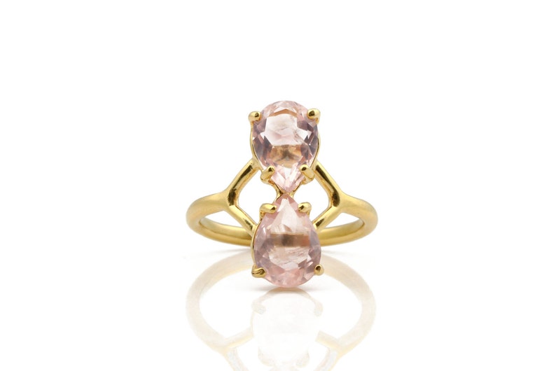 Double rose quartz stone ring,gemstone ring,gold ring,solid gold ring,rose gold ring,teardrop ring,stackable ring