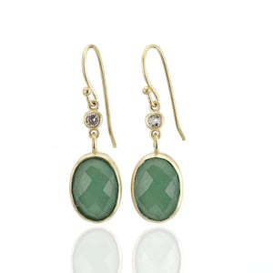Green Aventurine Gold 14k Earrings · CZ Earrings · Two-Part Drop Long Dangle Earrings · Green Gemstone & Zircon Earrings