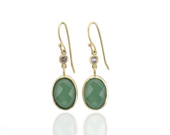 Green Aventurine Gold 14k Earrings · CZ Earrings · Two-Part Drop Long Dangle Earrings · Green Gemstone & Zircon Earrings