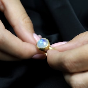 14k Gold Rainbow Moonstone Ring · Bezel Set Gold Ring · Handmade June Birthstone Ring · Proposal Engagement Ring · 10mm Round Stone Ring