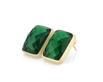 Emerald Bezel Earrings · Green Gold Rectangle Studs · Statement Rectangle Earrings · May Birthstone Earrings