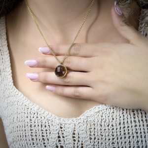 Handmade Bezel Necklace · Brown Smoky Quartz Pendant · Round Pendant Necklace · Gemstone Statement Pendant · Long Chain Necklace For Women