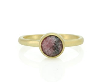 18k Rhodonite Stone Gold Ring · Handmade Pink Stone Ring · Semiprecious Ring · Minimalist Bezel Ring · Stack Ring For Women