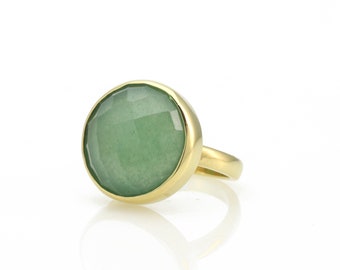 Big Green Aventurine Gemstone Ring · Statement Style Bezel Set in Gold Ring · Engravable Ring · Customizable Rings