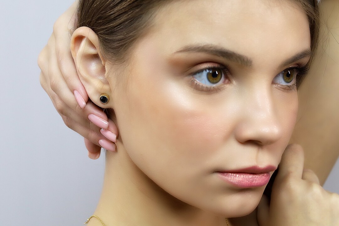 Black Onyx Stud Earrings in 14k Solid Gold Round Faceted Cut Earrings