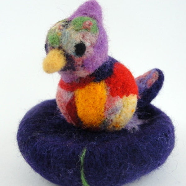 Colorful Needle Felted Patchwork Bird on Nest