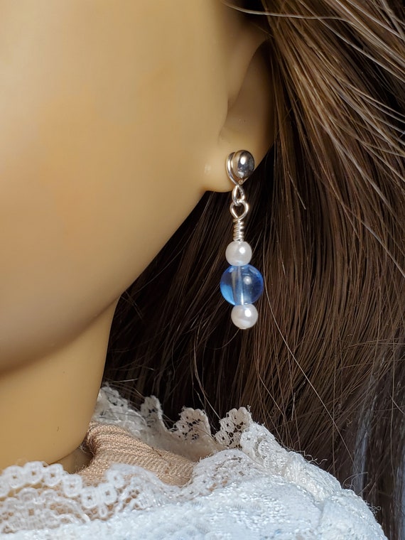 Blue Quartz and Pearl Earrings for American Girl®, Wellie Wishers