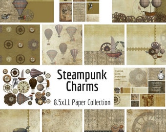 Digital Paper 8.5x11 INSTANT DOWNLOAD 13 Pack Steampunk Charms Collection Vintage Industrial Grunge Victorian
