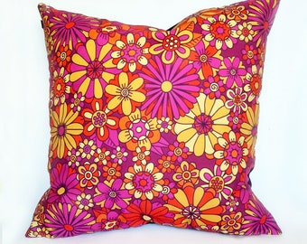 Small 1970s vintage retro floral illustrated and handmade cushion