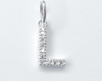 10mm Alphabet Letter L Charm with Cubic Zirconia - Sterling Silver Letter Charm - Sterling Silver Sparkly Alphabet Charm - Letter L Charm