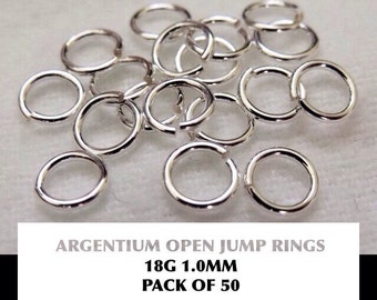 50 anillos de salto abiertos Argentium Silver de 1,0 mm (AWG 18) - Sierra cortada y pulida