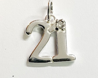 Sterling Silver 21 Birthday Charm with Crystal 11mm - Silver 21 Birthday Charm - Sterling Silver 21 Charm - Sterling Silver Birthday Charm
