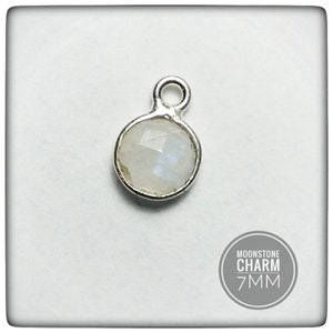 Moonstone Silver Bezel Set Round Charm 7mm- Gemstone Charm - Moonstone Charm - Silver Moonstone Charm - Sterling Silver Gemstone Charm