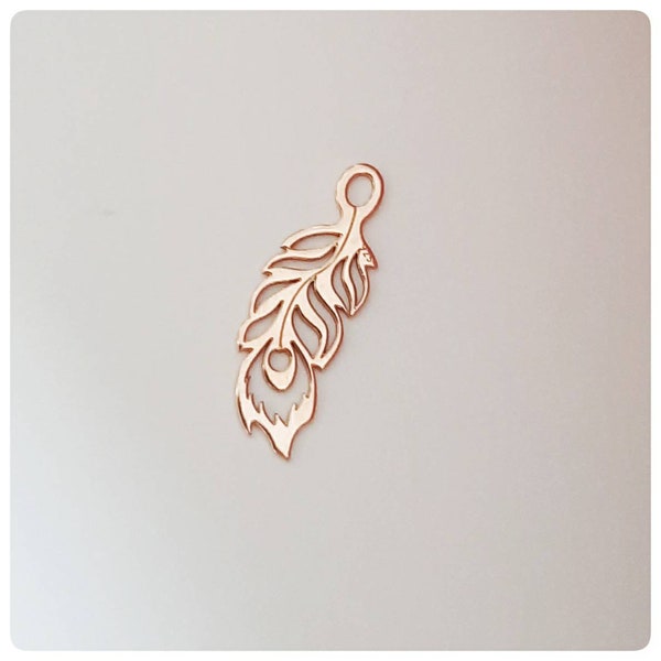 Rose Gold Vermeil Feather Charm 11mm - Rose Gold Peacock Feather Charm - Feather Charm - Rose Gold Peacock Feather Charm