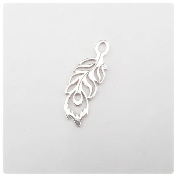 Sterling Silver Feather Charm 11mm - Sterling Silver Peacock Feather Charm -  Feather Charm - Silver Peacock Feather Charm