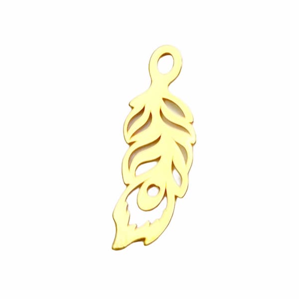 Gold Vermeil Feather Charm 11mm - Gold Peacock Feather Charm -  Feather Charm - Gold Peacock Charm - Peacock Charm