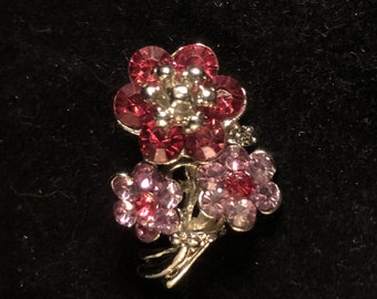 Vintage Pink Floral Pin Brooch Rhinestone and Silver Tone Metal