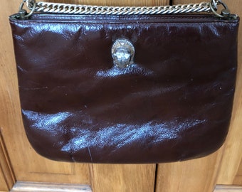 Vintage Ruth Saltz Shiny Brown Crinked Patent Leather Cougar Crossbody Handbag