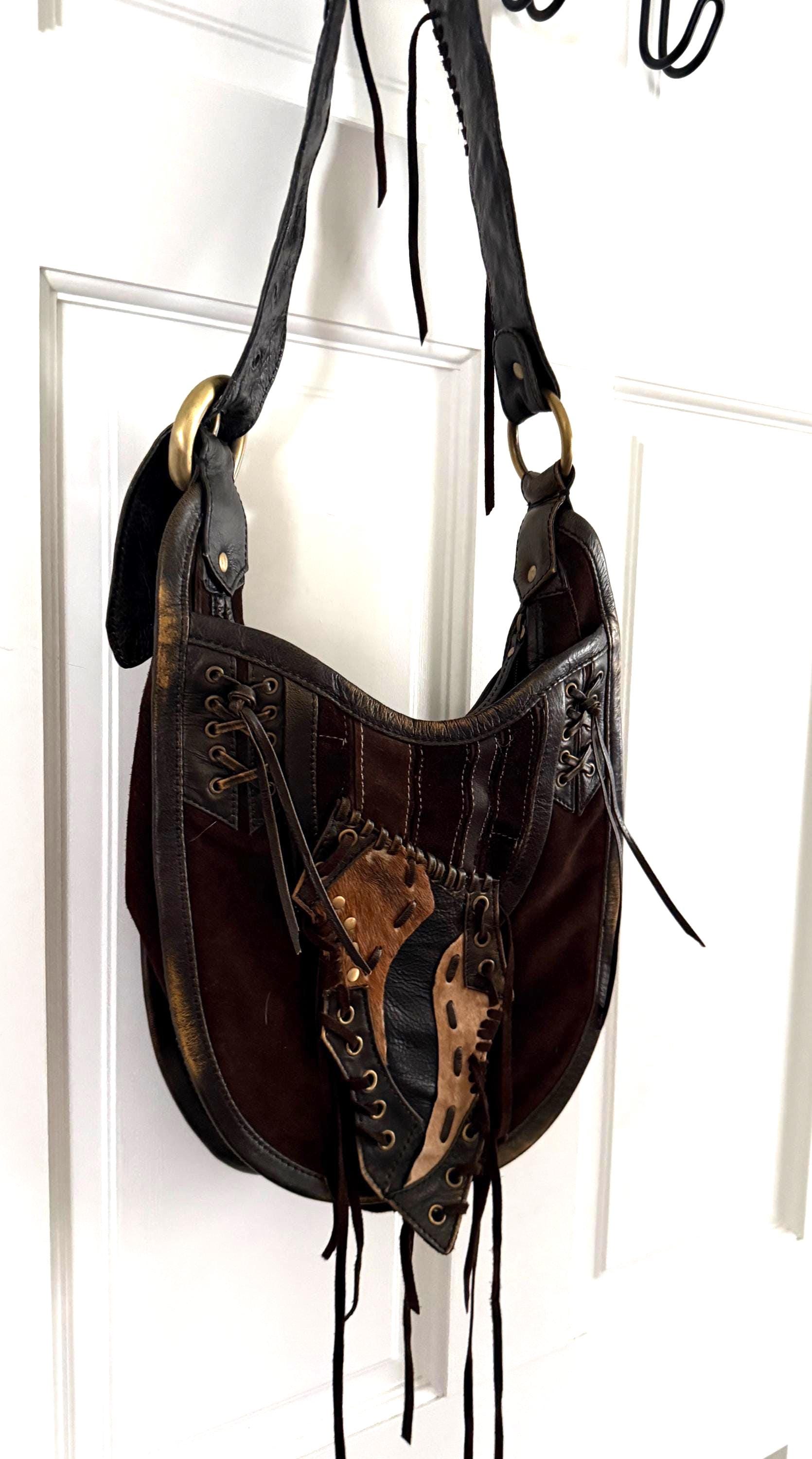 Francesco Biasia Western Cowboy Cow Hide Cow Hari Fringe Hobo Bag