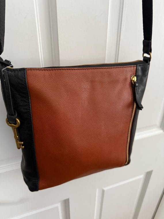 Fossil two tone color block black brown leather c… - image 1