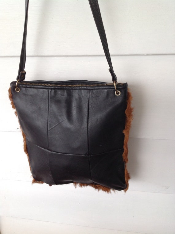 Vintage Brown Curly Fur Leather Shoulder Handbag - image 2