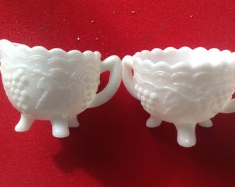 Vintage 1950's Imperial Milk Glass sugar bowl and creamer in grape and vine design