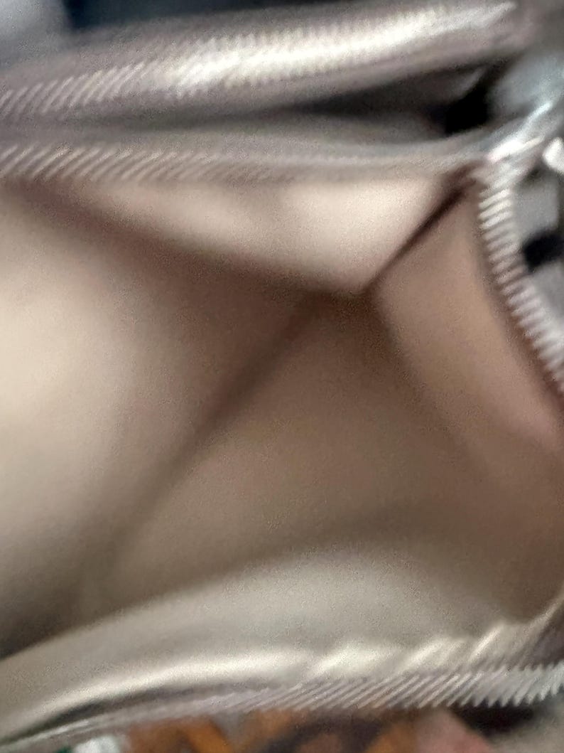 May include: A close-up of a light beige wallet, open to reveal the interior. The wallet has a silver zip and a textured, slightly shiny surface. The interior is a lighter shade of beige.