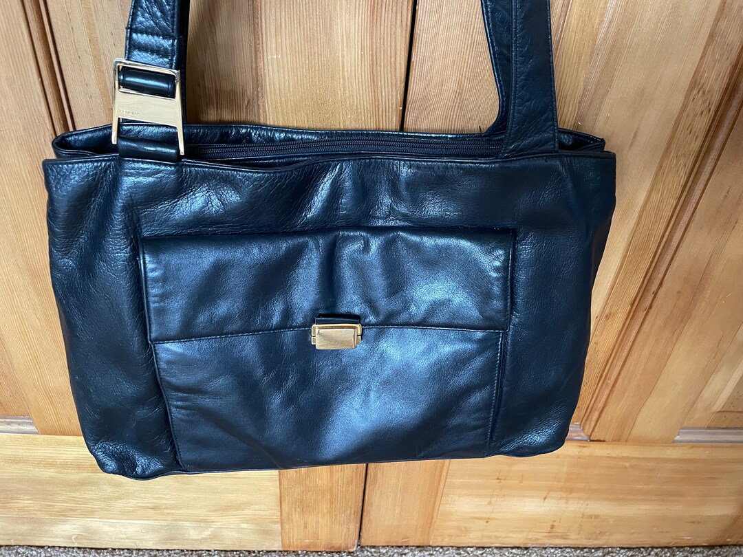 Perlina Black Leather Tote Bag Handbag Shoulder Etsy